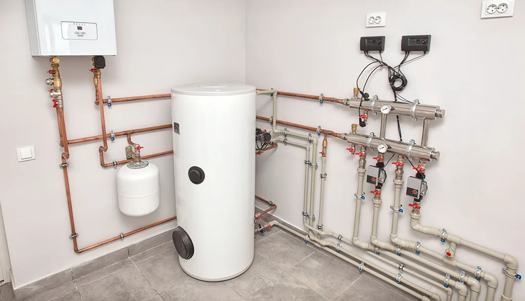 Boiler and hydronic heating system with piping, pumps and controls